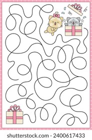 Saint Valentine maze for kids. Love holiday preschool printable activity with kawaii cats and present. Labyrinth game or puzzle with cute boy and girl kittens and surprise gift
