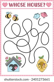 Saint Valentine maze for kids. Love holiday preschool printable activity with kawaii birds, bumblebees, birdhouse, beehive. Labyrinth game or puzzle with pair and their houses
