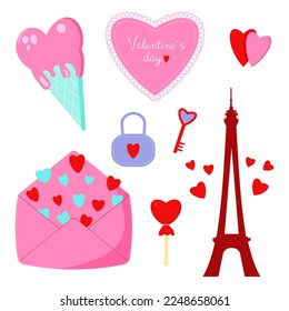 Saint Valentine s day vector set. Icecream, envelope, hearts, key. All elements are isolated