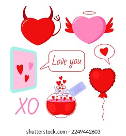 Saint Valentine s day vector set. Love potion, ipad with hearts, ballon, hearts angel and davil. All elements are isolated