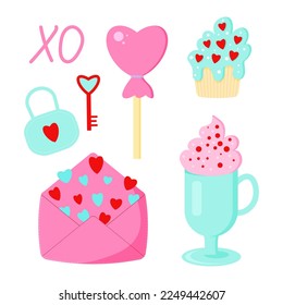 Saint Valentine s day vector set. Envelope, coffee, pancake, lollipip, lock and key. All elements are isolated