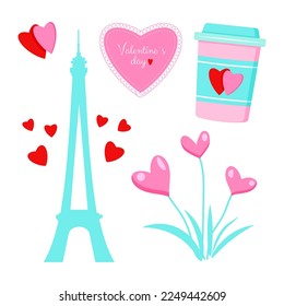Saint Valentine s day vector set. Eifel tower, flowers, hearts. All elements are isolated