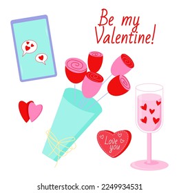 Saint Valentine s day vector set. Flowers, glass with hearts, phone with hearts. All elements are isolated