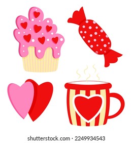 Saint Valentine s day vector set. Pancake, sweet, mug with heart, 2 hearts. All elements are isolated