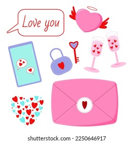 Saint Valentine s day vector set. Envelope, angel heart, lock with key, phone with hearts, glasses with hearts, text Love you. All elements are isolated