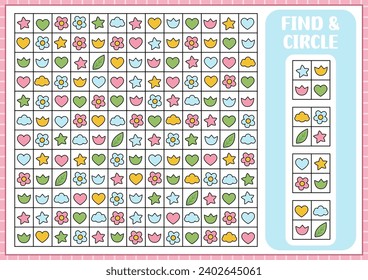 Saint Valentine seek and find game with hearts, flowers, stars, leaves. Attention skills training puzzle. Kawaii printable activity for kids. Logical searching puzzle. Find groups of objects
