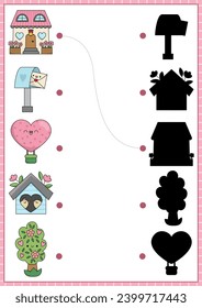 Saint Valentine shadow matching activity. Love holiday shape recognition puzzle with kawaii symbols. Find correct silhouette printable worksheet. Cute page for kids with house, tree, hot air balloon
