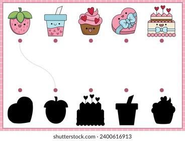 Saint Valentine shadow matching activity with sweet food. Love holiday shape recognition puzzle with kawaii symbols. Find correct silhouette printable worksheet. Cute page for kids with cupid, heart