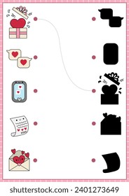 Actividad de correspondencias de sombras de San Valentín. Me encanta el rompecabezas de reconocimiento de formas de las vacaciones con símbolos kawaii. Buscar una hoja de cálculo imprimible de silueta correcta. Página corta para niños con regalo, carta, teléfono

