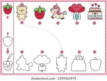 Saint Valentine shape matching, coloring and drawing activity. Love holiday puzzle with kawaii symbols. Find correct silhouette printable worksheet. Cute page for kids with cat, unicorn, balloons