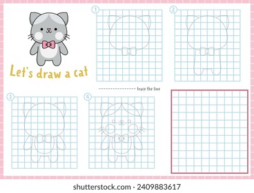 Saint Valentine step by step drawing worksheet. How to draw a cat. Complete the picture by example activity. Vector love holiday writing practice worksheet. Printable coloring page with pet
