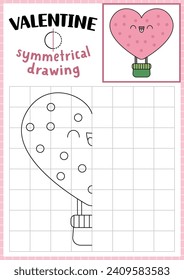 Saint Valentine symmetrical drawing worksheet. Complete the hot air balloon picture. Vector love holiday writing practice worksheet. Printable black and white activity for kids. Copy the picture
