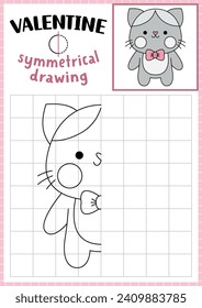 Saint Valentine symmetrical drawing worksheet. Complete the cat picture. Vector love holiday writing practice worksheet. Printable black and white activity for kids. Copy the picture
