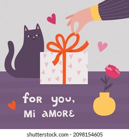 Saint Valentine's card design. Vector illustration of a hand unpacking a present box. Black cat sitting behind the box. Gift to a loved one. 