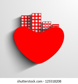 Saint Valentine's Day background, greeting card or gift card with red paper heart and urban city background. EPS 10.