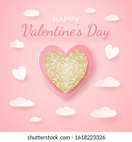 Saint Valentine's Day banner with 3d realistic golden and paper cut hearts, clouds on pink background Woman's and Mother's Day card.