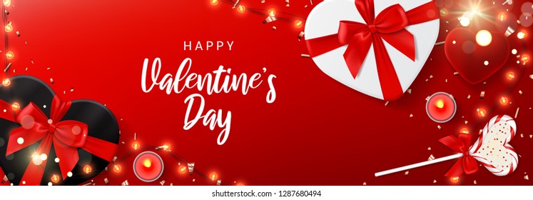 Saint Valentine's Day banner. Vector illustration with shining lights garland, realistic gift boxes, candles, ring box, lollipop and sparkling golden confetti. Holiday background, festive card.