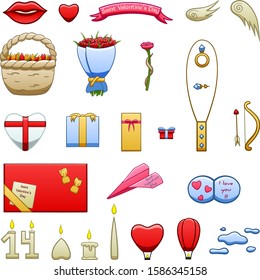 Saint Valentine's Day big set. Flower bouquets, candles, jewerly, giftboxes, Cupid's wings, bow and arrow, lips, heart, banner, card, paper airplane, sky lanterns, clouds. White background, vector.