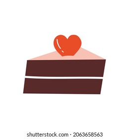 Saint Valentine's Day cake with heart. Piece of cake for birthday, wedding, anniversary. Romantic object. Love element. Vector illustration in cartoon style. Isolated on white background.