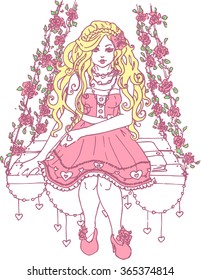 Saint Valentine's Day Card Beautiful Cute Kawaii Girl Vector Portrait Hand Drawn In Color