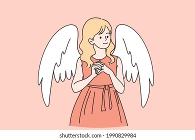 Saint Valentines Day card concept. Blonde pretty girl Child wearing dress standing with angel wings on back congratulating with holiday vector illustration 