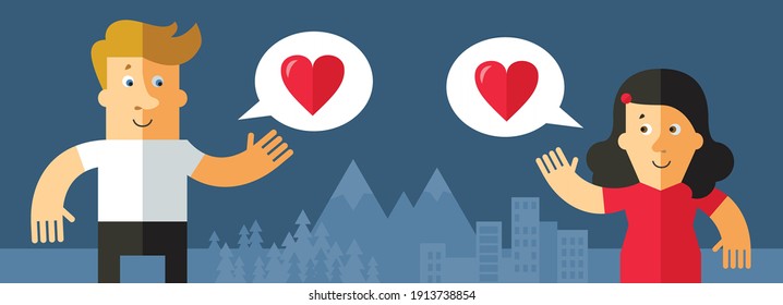 Saint Valentines Day card. Couple sending heart message. Long distanse  relationships. Love. Flat editable vector illustration.