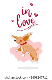 Saint Valentine's day card with cute brown dog with big ears flying in love mood. Lettering, rose hearts and pink cloud on white background. Vector illustration.  