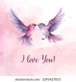 Saint Valentine's Day card design. Love birds on pink watercolour background 