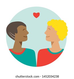 Saint Valentines day card with happy gay couple. Vector illustration. Isolated cute homosexual boys. Cartoon characters of gay teenagers. lgbt pride symbol. Flat design.