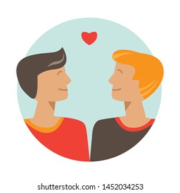 Saint Valentines day card and happy gay couple  Vector illustration  Isolated cute homosexual boys  Cartoon characters  caucasian gay teenagers  lgbt pride symbol  Flat design 