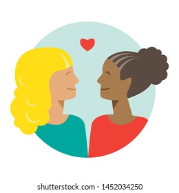 Saint Valentines day card with multiethnic gay woman couple. Vector illustration. Isolated cute homosexual girls. Cartoon characters of gay teenagers. lgbt pride symbol. Flat design.