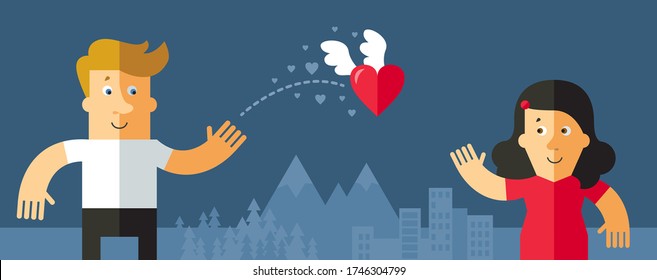 Saint Valentines Day card. One  character sending a red wings heart to another. Long distanse  relationships. Love. Flat editable vector illustration.