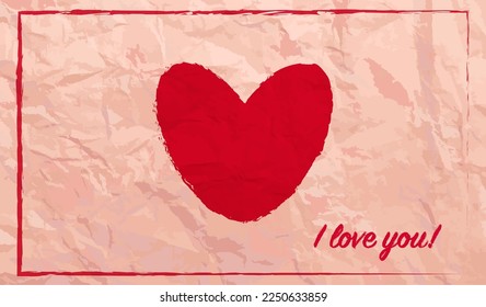 Tarjeta de San Valentín con corazón rojo y me encanta la frase, tarjeta de saludo romántica en textura de papel vectorial, invitación de vacaciones, corazón rojo tinto de tinta, postal apasionada.