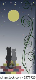 Saint Valentines day card with two cats sitting on the brick wall and looking at moon. Romantic and cute card with cats in love.