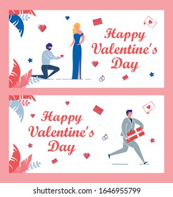 Saint Valentines Day Cards Set with Romantic Scenes - Man makes Proposal to his Beloved and presents Gift. Man and Woman Cartoon Characters on Tropical Leaves Background. Flat Vector Illustration.