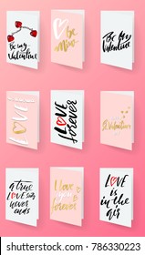 Saint Valentine's day cards templates. Hand drawn romantic modern dry brush lettering. Heart vector illustration.