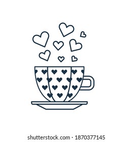 Saint Valentines Day cup of hearts icon. Happy St Valentine line illustration with love mug and heart symbols.