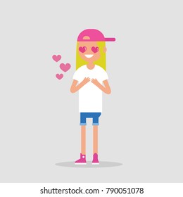 Saint Valentines Day. Cute cartoon blonde girl with heart-shaped eyes falling in love / Editable flat vector illustration