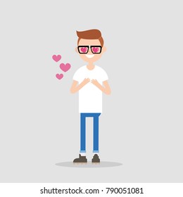 Saint Valentines Day. Cute cartoon nerd boy with heart-shaped eyes falling in love / Editable flat vector illustration