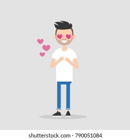 Saint Valentines Day. Cute cartoon bearded boy with heart-shaped eyes falling in love / Editable flat vector illustration