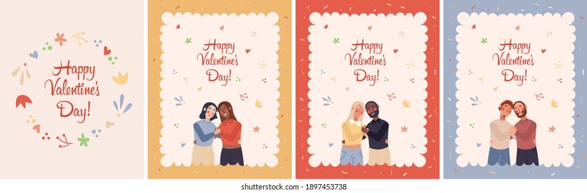 Saint Valentines Day cute hugging couples vector drawing  Postcard banner  colorful   kind drawing  Gay   lesbian couples 