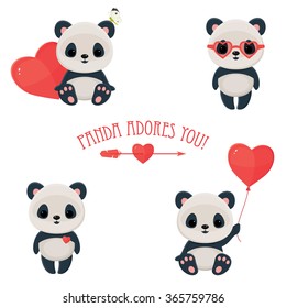 Iconos lindos del Día de San Valentín en la web. Panda enamorado. Oso asiático, flecha y corazón. Texto "Panda te adora". Eps 10