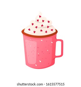 Saint Valentine's day decorated hot drink. Vector holiday greeting design element for cards and posters.