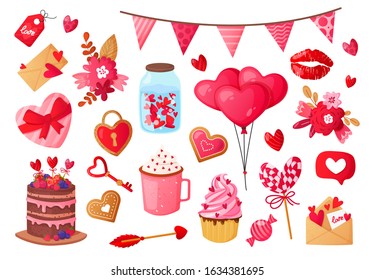 Saint Valentine's Day decorative objects set. Vector holiday greeting design elements for cards and posters.