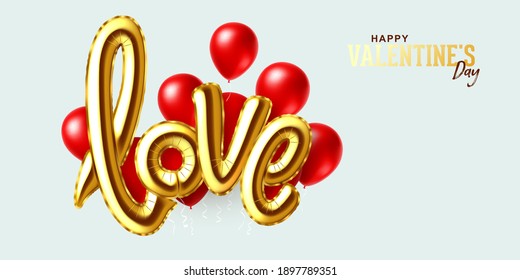 Saint Valentine's Day design. Gold air balloons in the shape of the word Love and red balloons, romantic composition. Realistic 3d vector illustration