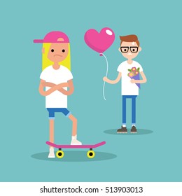 Saint Valentines Day. First dating concept. Young nerd boy feeling anxious before a date with a blonde girl / flat editable vector illustration