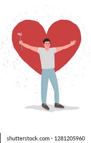 Saint Valentines Day. Flat editable vector illustration, clip art, modern painting. Man holding flower. Big hug from husband. Heart backdrop. Hand drawn character isolated image. Romantic date.