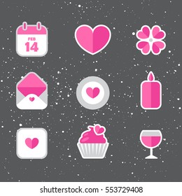 Saint Valentine's Day flat icons vector set. Heart, flower, letter, calendar, candle, wineglass, gift box, cupcake icon collection. Valentine signs and symbols.