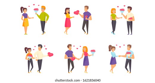 Saint Valentines Day flat vector illustrations set. Romantic date, dating, rendezvous scenes bundle. Enamored couples, people in love, men and women with flower bouquets cartoon characters collection