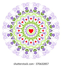 Saint Valentine's day flower mandala ornament with hearts. Vector illustration.